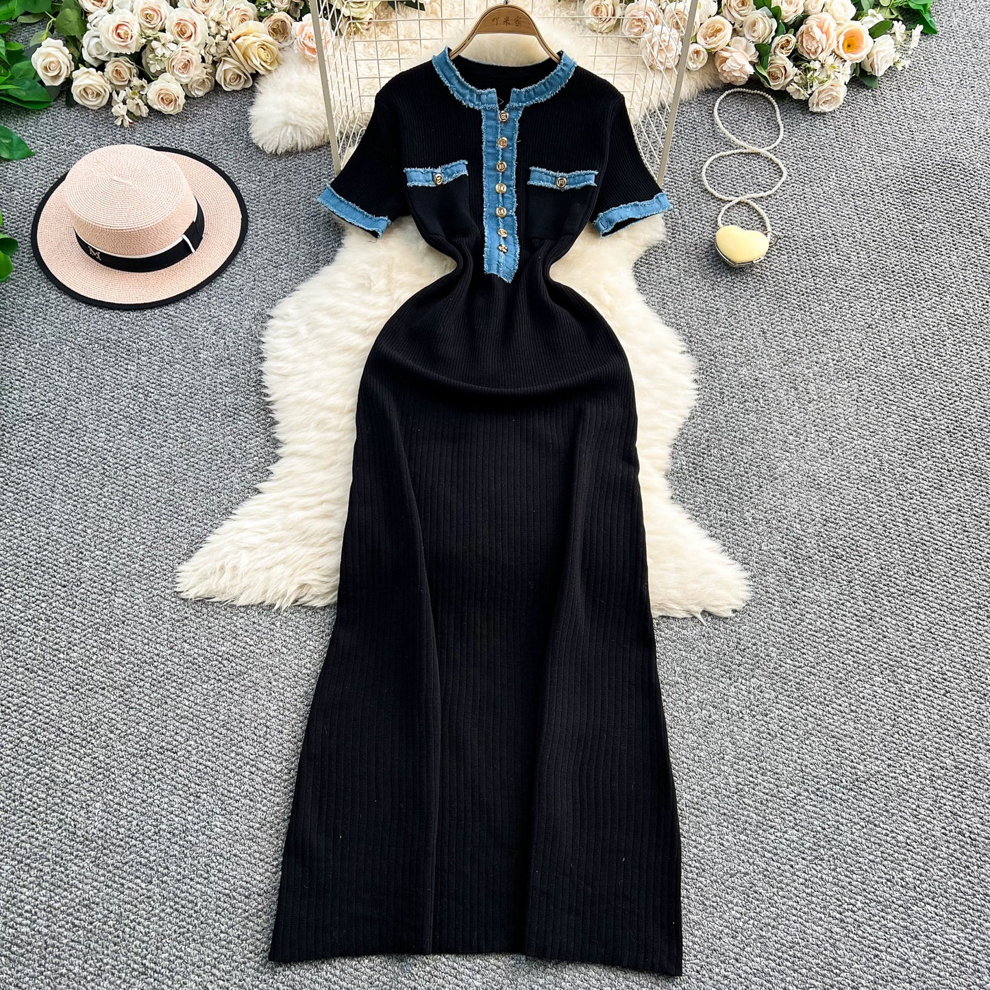 European and American style women's clothing 2025 summer new denim patchwork knit long dress tight short sleeve waist slimming dress