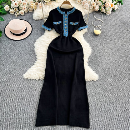 European and American style women's clothing 2025 summer new denim patchwork knit long dress tight short sleeve waist slimming dress