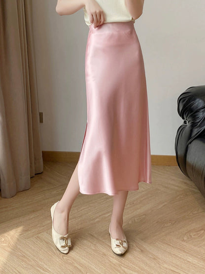 Temperament Pink Acetate Skirt Women's Summer High Waist Slim A-Line Skirt Silky Satin Silk Hip-covering Fishtail Long Skirt