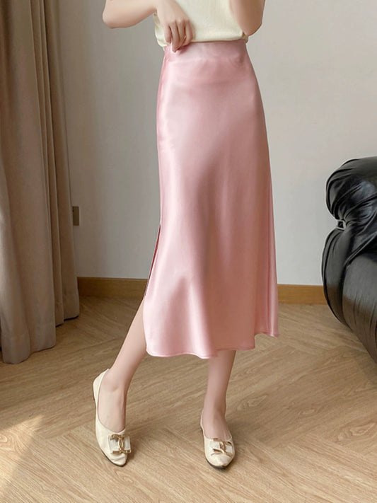 Temperament Pink Acetate Skirt Women's Summer High Waist Slim A-Line Skirt Silky Satin Silk Hip-covering Fishtail Long Skirt