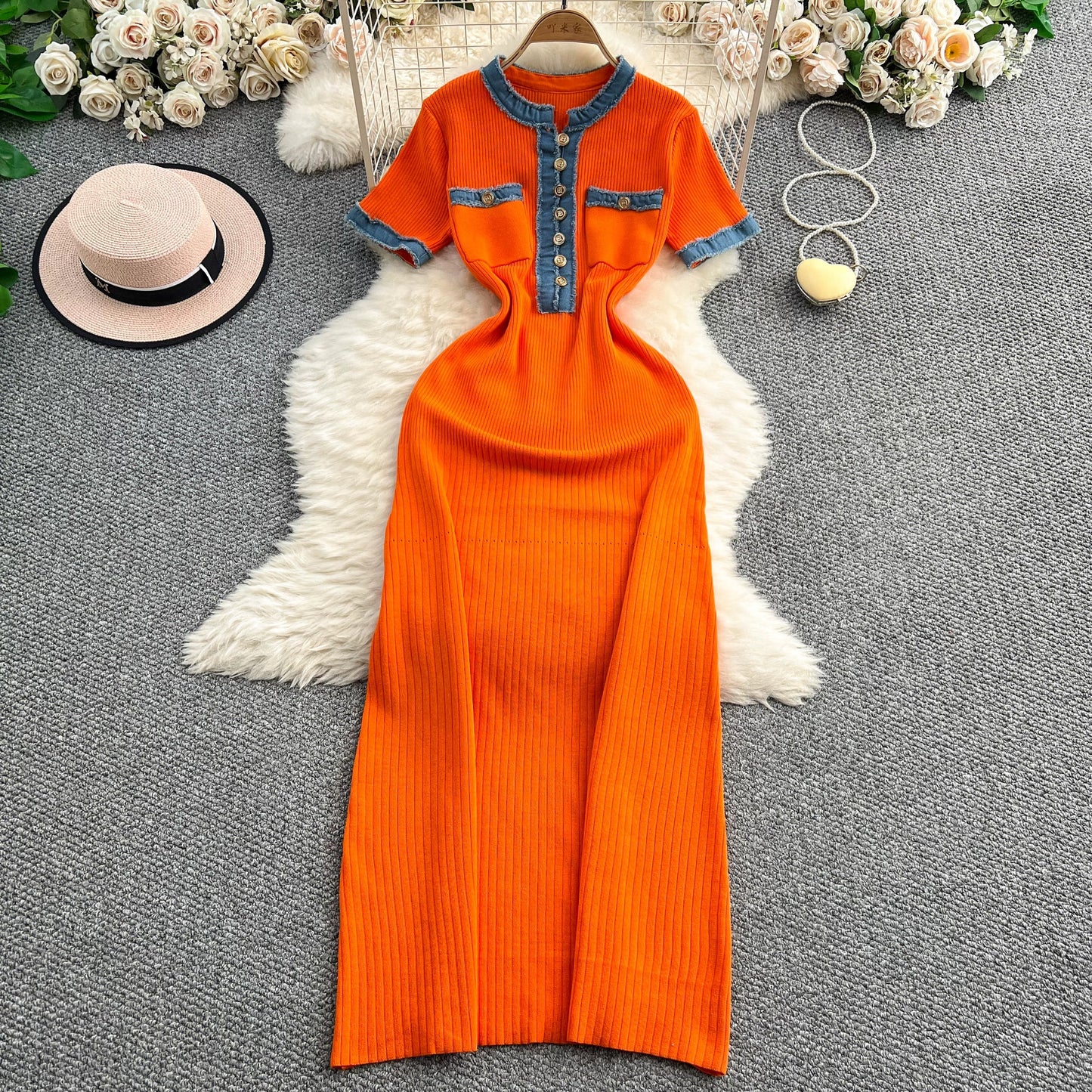 European and American style women's clothing 2025 summer new denim patchwork knit long dress tight short sleeve waist slimming dress