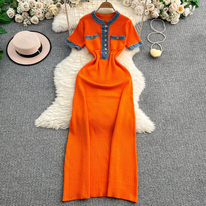 European and American style women's clothing 2025 summer new denim patchwork knit long dress tight short sleeve waist slimming dress