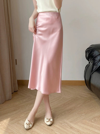 Temperament Pink Acetate Skirt Women's Summer High Waist Slim A-Line Skirt Silky Satin Silk Hip-covering Fishtail Long Skirt