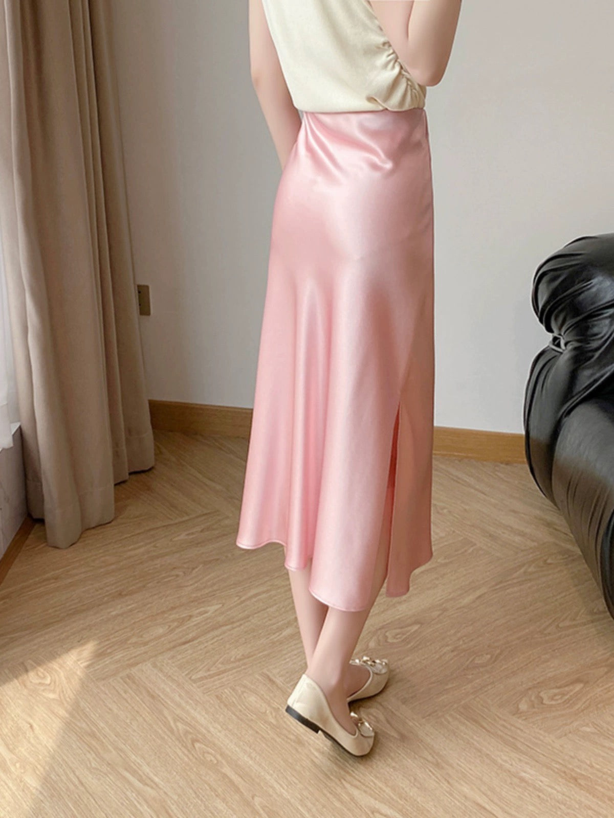 Temperament Pink Acetate Skirt Women's Summer High Waist Slim A-Line Skirt Silky Satin Silk Hip-covering Fishtail Long Skirt