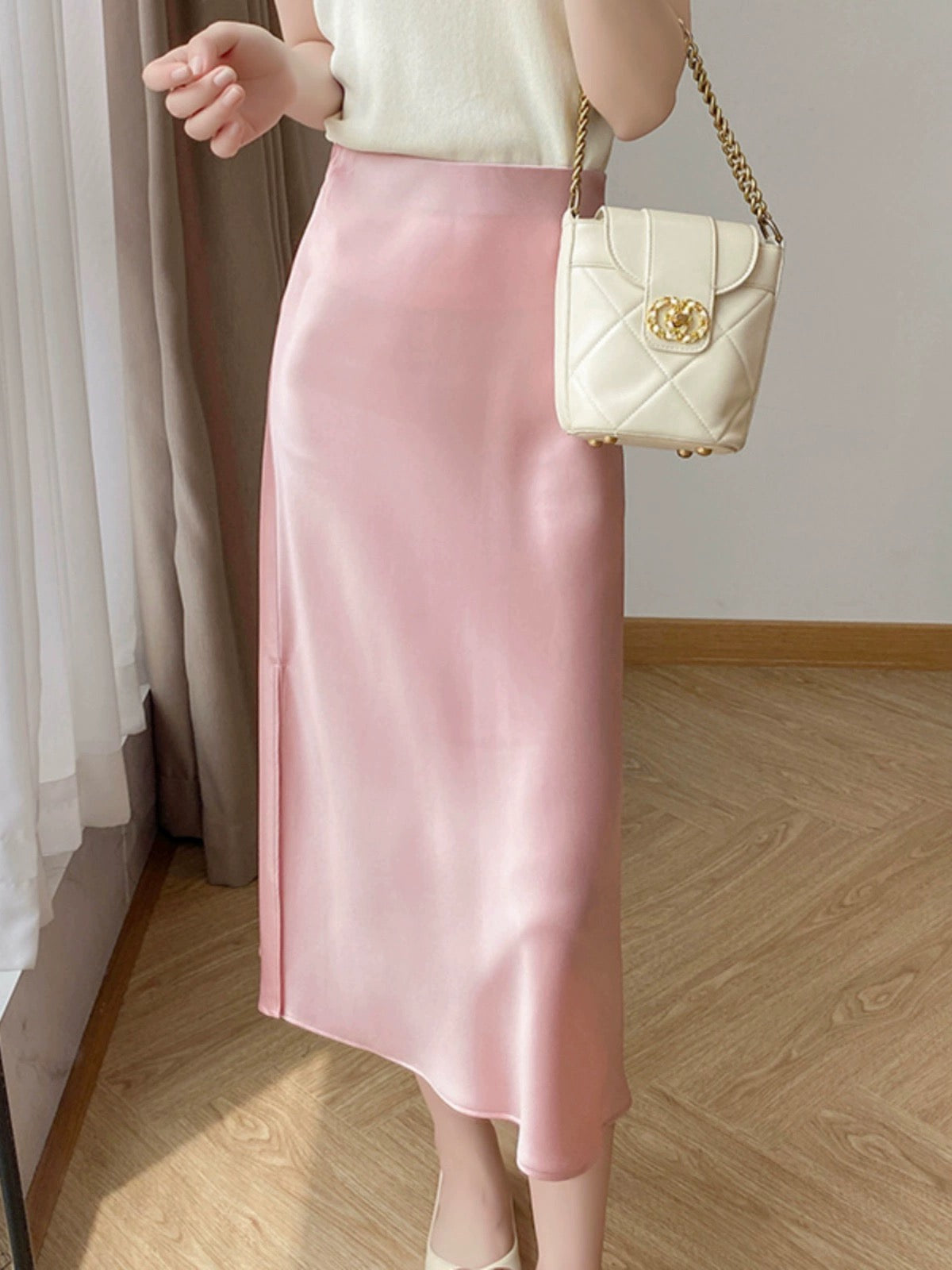 Temperament Pink Acetate Skirt Women's Summer High Waist Slim A-Line Skirt Silky Satin Silk Hip-covering Fishtail Long Skirt