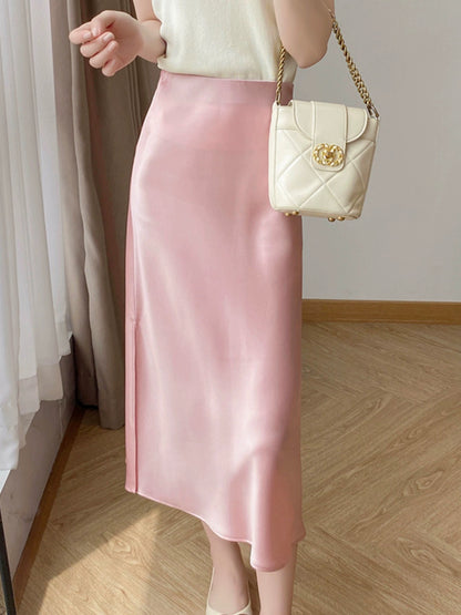 Temperament Pink Acetate Skirt Women's Summer High Waist Slim A-Line Skirt Silky Satin Silk Hip-covering Fishtail Long Skirt