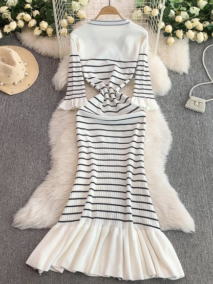 Korean style goddess-like elegant V-neck flared sleeve striped knit dress, new single-breasted fitted waist fishtail long skirt