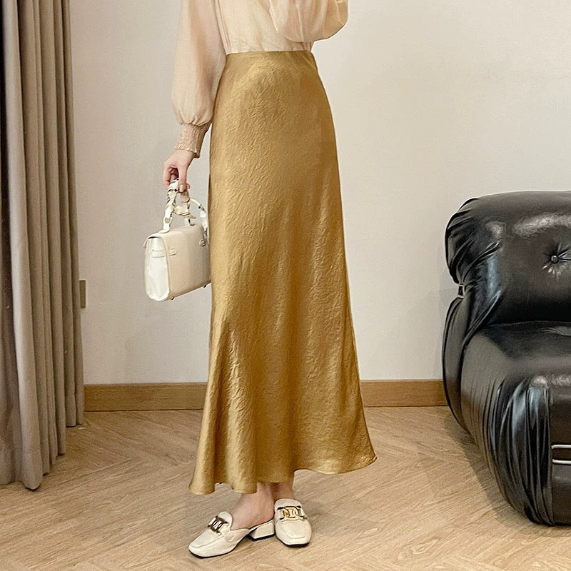 Extended yellow acetate skirt for women summer gold slimming slim satin A-line skirt