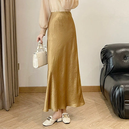Extended yellow acetate skirt for women summer gold slimming slim satin A-line skirt