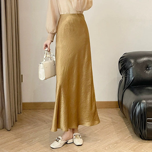 Extended yellow acetate skirt for women summer gold slimming slim satin A-line skirt