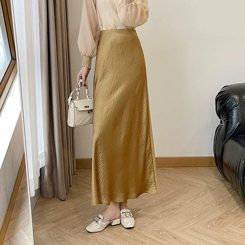 Extended yellow acetate skirt for women summer gold slimming slim satin A-line skirt