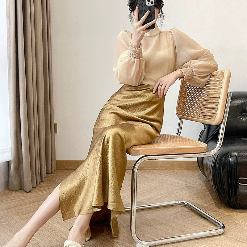 Extended yellow acetate skirt for women summer gold slimming slim satin A-line skirt