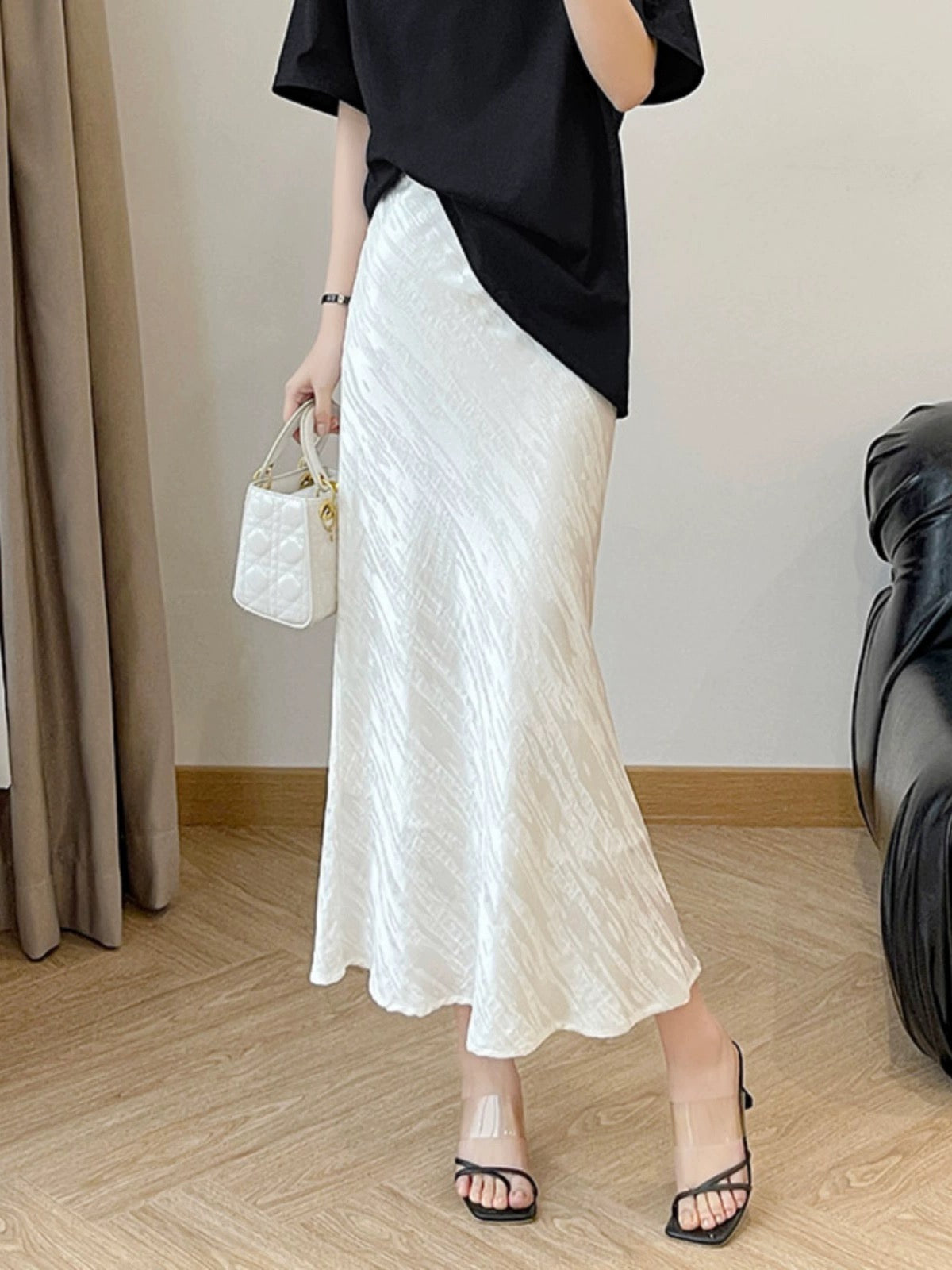High-waisted opaque white fishtail acetate satin skirt for women summer