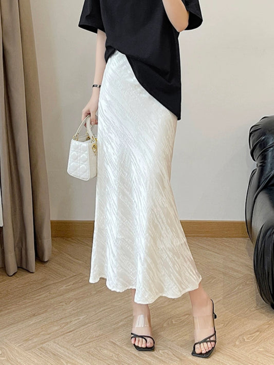 High-waisted opaque white fishtail acetate satin skirt for women summer