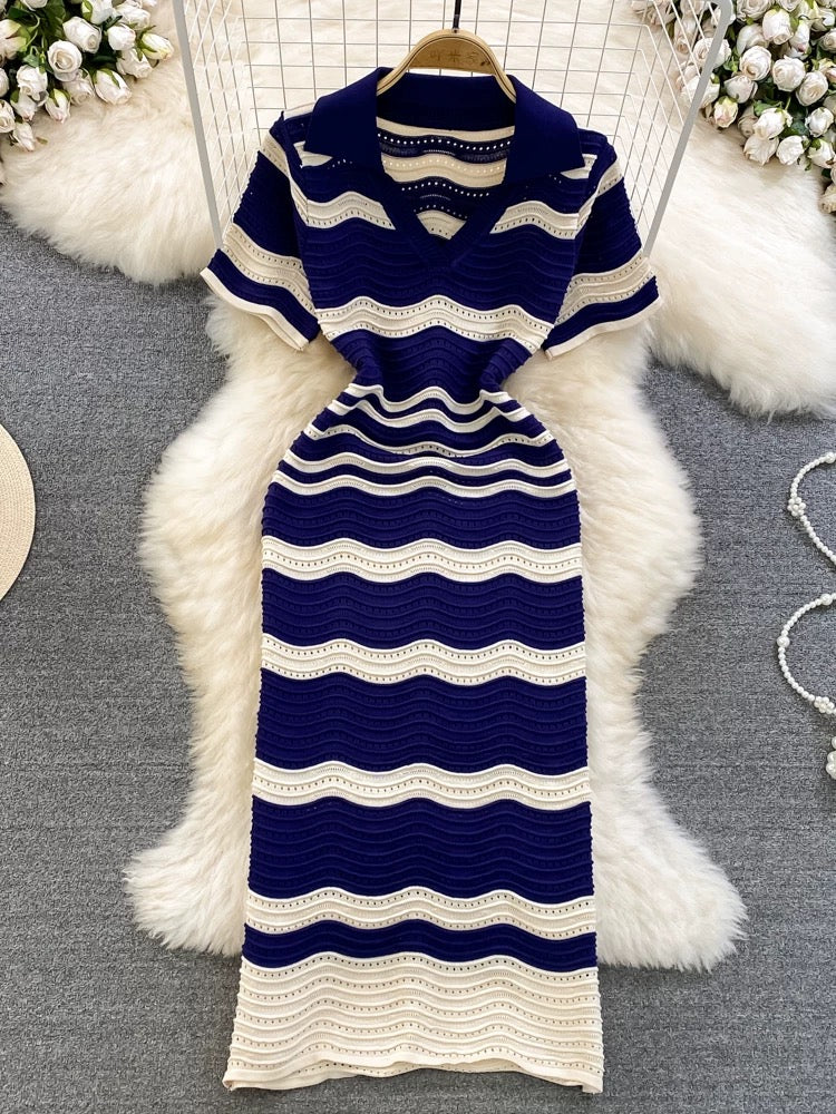 Summer sexy short-sleeved polo collar A-line striped knit dress with a slim waist, elegant and classy long dress