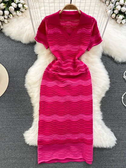 Summer sexy short-sleeved polo collar A-line striped knit dress with a slim waist, elegant and classy long dress