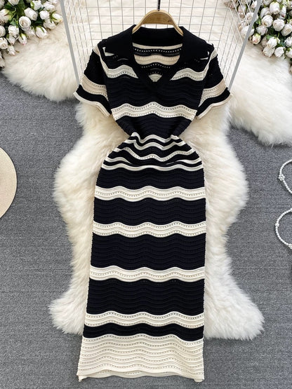 Summer sexy short-sleeved polo collar A-line striped knit dress with a slim waist, elegant and classy long dress