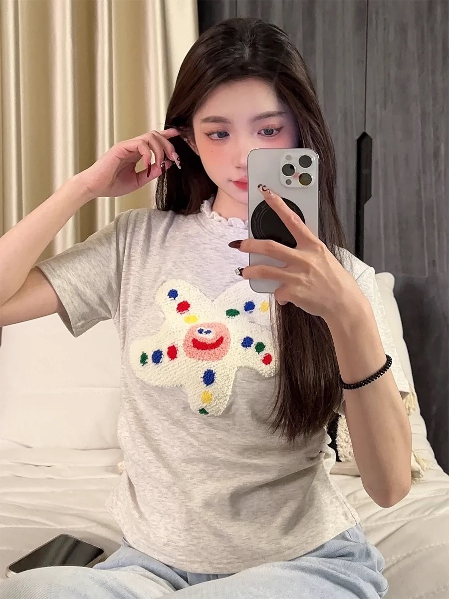 Creamy Universe Cute flocked cartoon shoulder short-sleeved T-shirt for women Japanese sweet girl short top summer new style