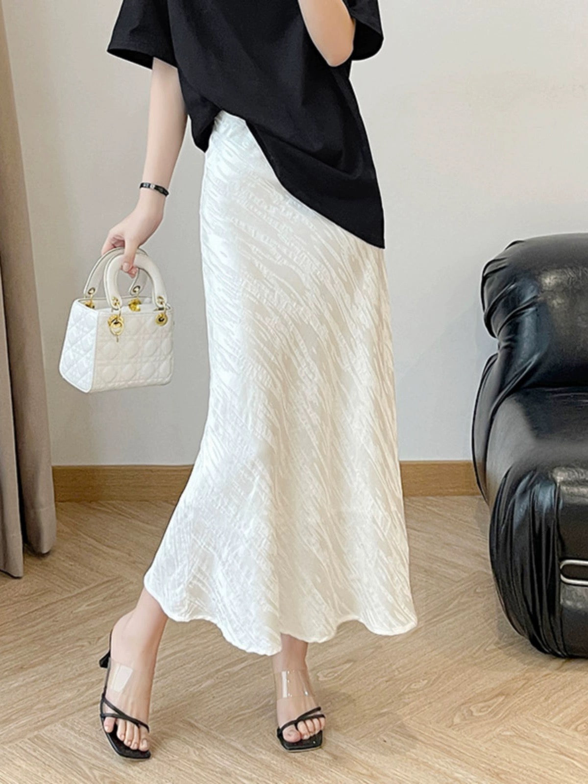 High-waisted opaque white fishtail acetate satin skirt for women summer