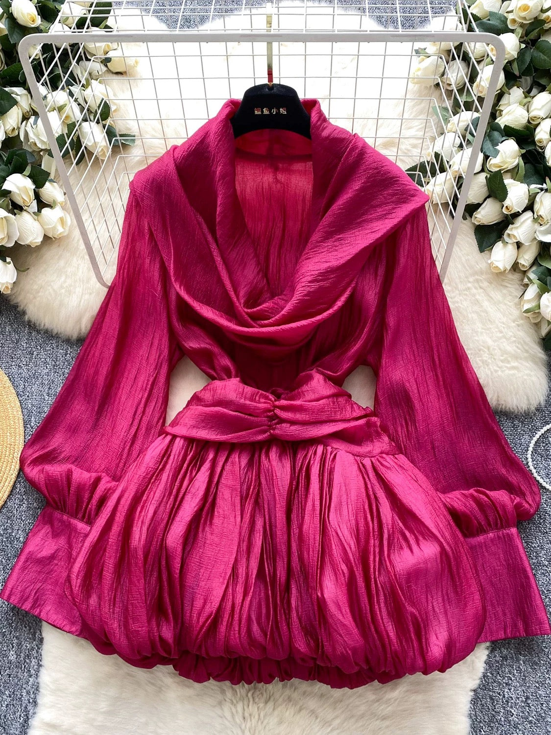 Women's halter neck ribbon draped neck long sleeve fitted waist top, 2025 autumn European and American style puffy tulip skirt
