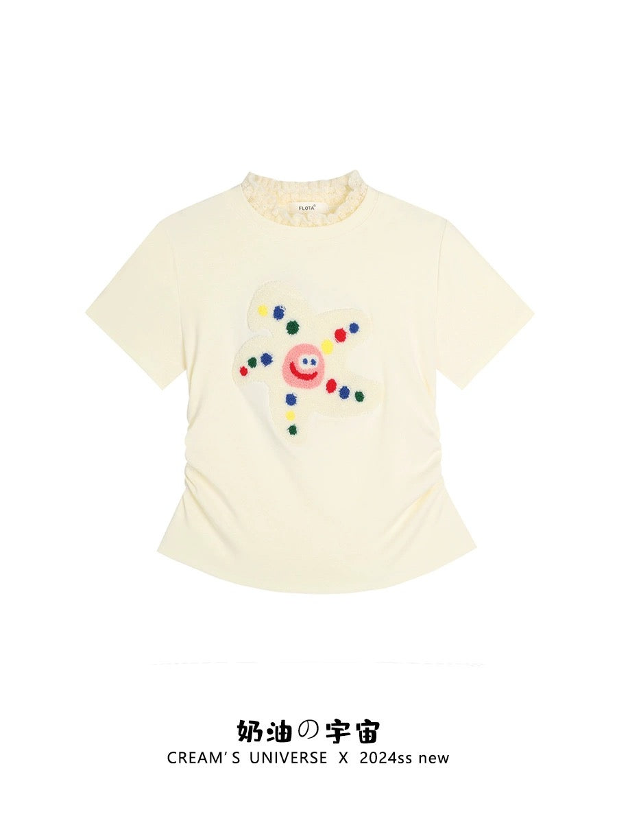 Creamy Universe Cute flocked cartoon shoulder short-sleeved T-shirt for women Japanese sweet girl short top summer new style