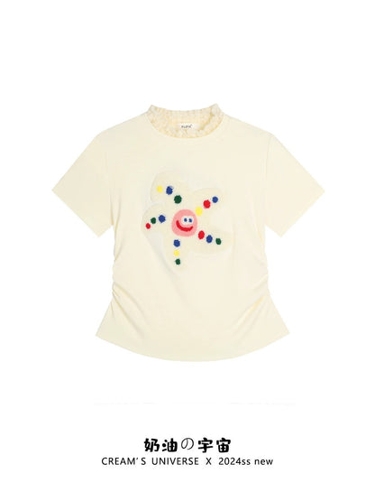 Creamy Universe Cute flocked cartoon shoulder short-sleeved T-shirt for women Japanese sweet girl short top summer new style