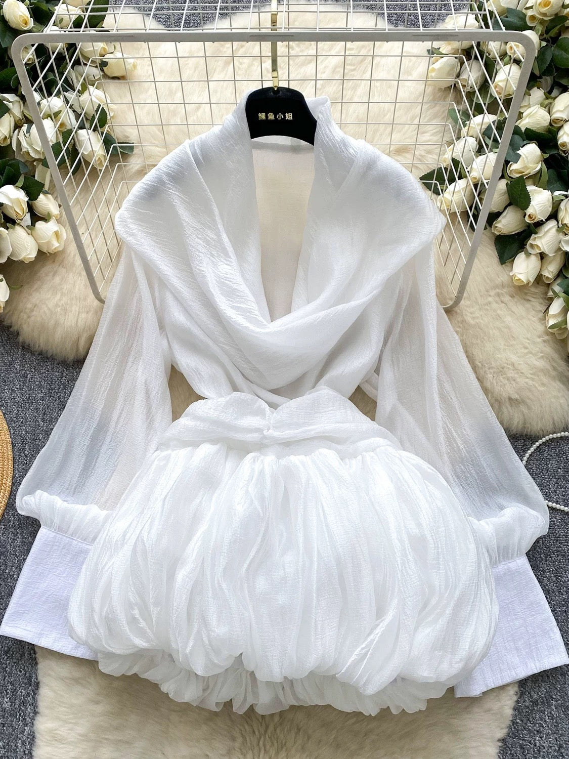 Women's halter neck ribbon draped neck long sleeve fitted waist top, 2025 autumn European and American style puffy tulip skirt