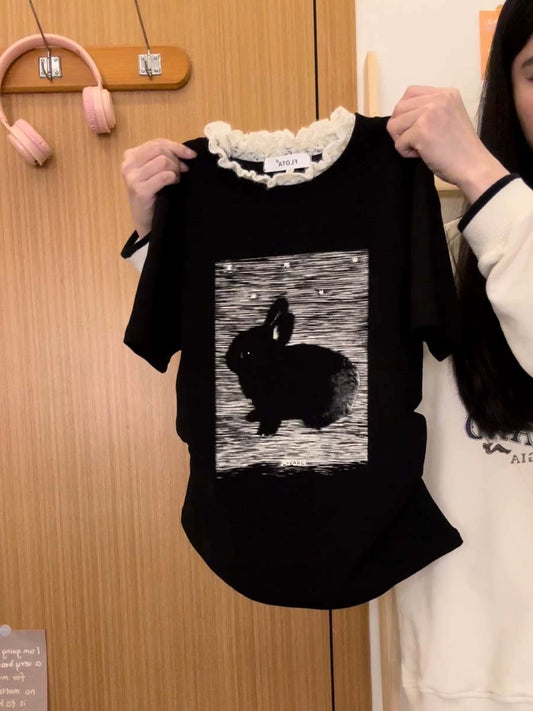 Cream Universe Cartoon Rabbit Lace Front Shoulder Short Sleeve T-Shirt Women's Japanese Style Waistless Short Top Summer New Style