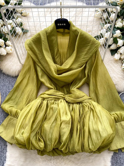 Women's halter neck ribbon draped neck long sleeve fitted waist top, 2025 autumn European and American style puffy tulip skirt