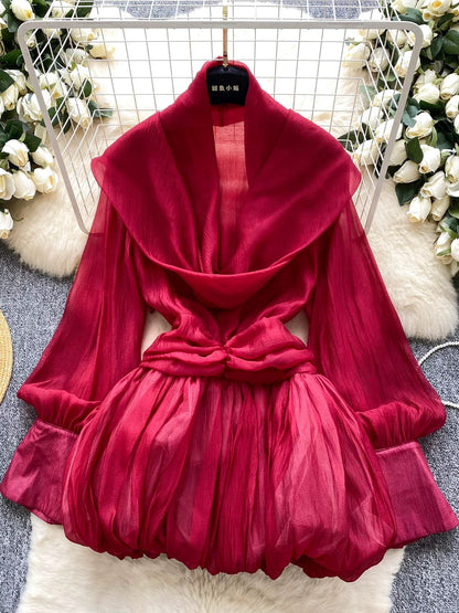 Women's halter neck ribbon draped neck long sleeve fitted waist top, 2025 autumn European and American style puffy tulip skirt