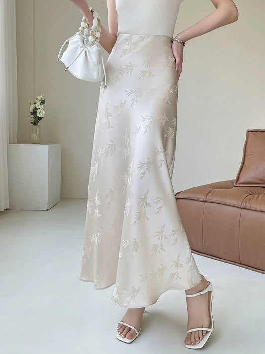 2024 Temperament Silk Imported Triacetate Satin Jacquard Fishtail White Skirt for Women Summer