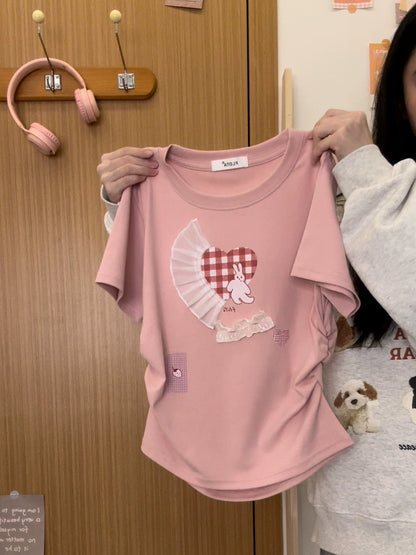 Cream Universe Lace Plaid Rabbit Right Shoulder Short Sleeve T-shirt Female Sweet Girl Slim Fit No Waist Short Top New Style
