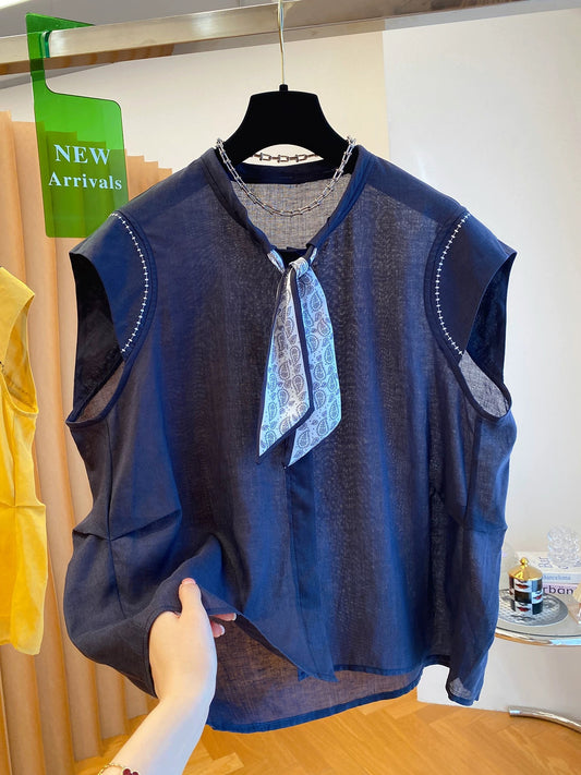 High-grade yellow ramie sleeveless top for women summer 2025 new style unique and beautiful with silk scarf small flying sleeve shirt