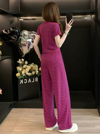 Stylish, youthful, and chic women's summer two-piece athleisure set featuring a striped short-sleeve top and wide-leg trousers—casual and slimming.