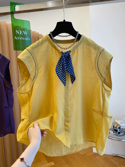 High-grade yellow ramie sleeveless top for women summer 2025 new style unique and beautiful with silk scarf small flying sleeve shirt
