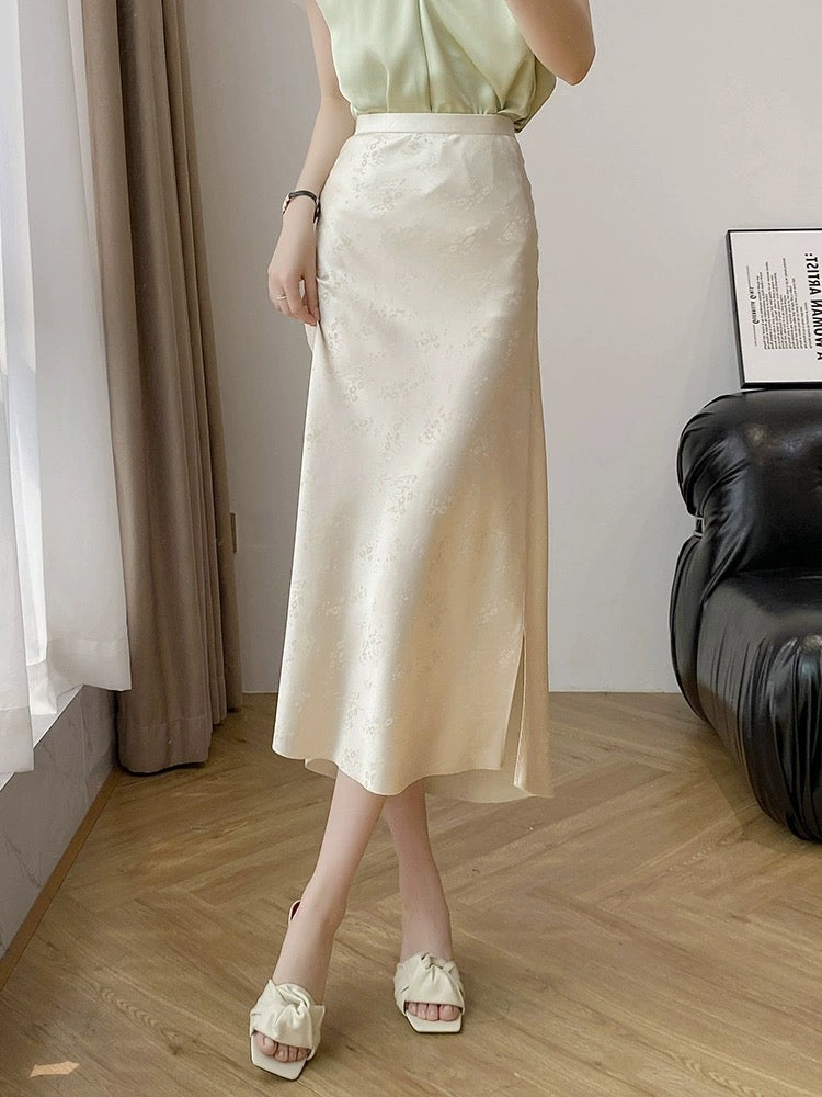 Yellow skirt new Chinese style black A-line long skirt temperament jacquard satin acetate skirt women summer