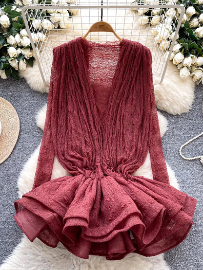European and American style elegant long-sleeved dress for women, autumn style, mesh ruffled hem design, puffy short skirt
