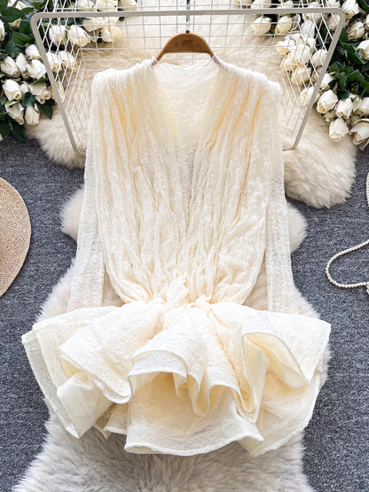 European and American style elegant long-sleeved dress for women, autumn style, mesh ruffled hem design, puffy short skirt