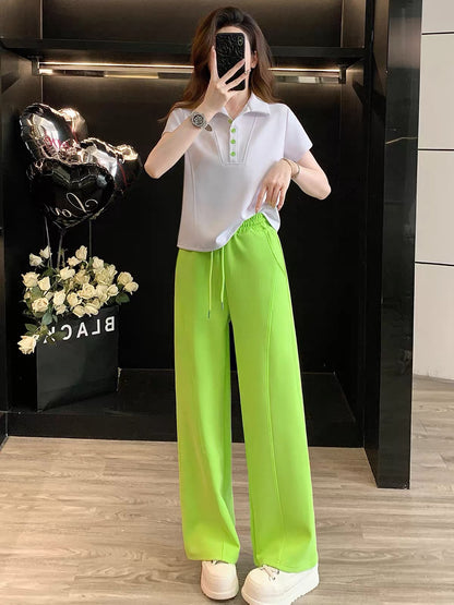 Early Spring Women's 2-Piece Set: Polo-Collar Short-Sleeve Top & Wide-Leg Trousers – Casual, Sporty, Chic, and Stylish (Summer 2026)