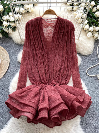 European and American style elegant long-sleeved dress for women, autumn style, mesh ruffled hem design, puffy short skirt