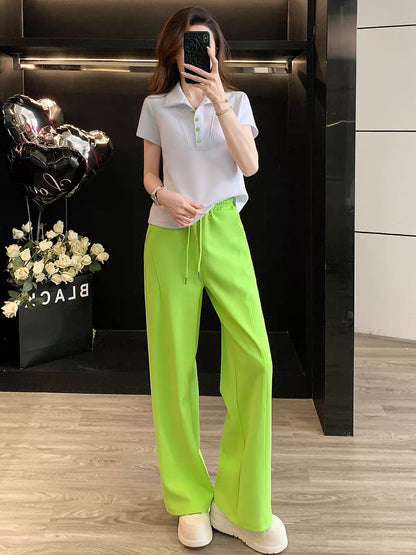 Early Spring Women's 2-Piece Set: Polo-Collar Short-Sleeve Top & Wide-Leg Trousers – Casual, Sporty, Chic, and Stylish (Summer 2026)