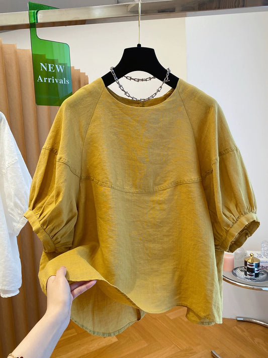 High-end young style ramie tops for women summer 2025 new loose casual pullover round neck short-sleeved shirt baby shirt