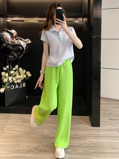 Early Spring Women's 2-Piece Set: Polo-Collar Short-Sleeve Top & Wide-Leg Trousers – Casual, Sporty, Chic, and Stylish (Summer 2026)