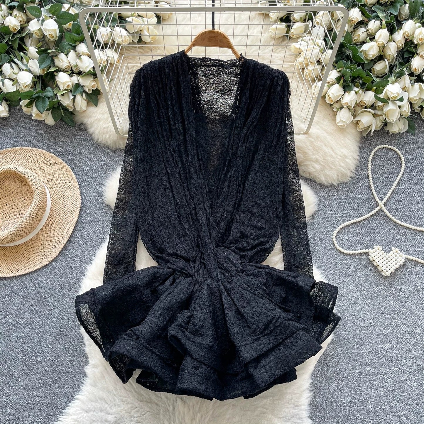 European and American style elegant long-sleeved dress for women, autumn style, mesh ruffled hem design, puffy short skirt