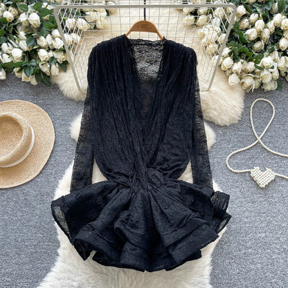 European and American style elegant long-sleeved dress for women, autumn style, mesh ruffled hem design, puffy short skirt