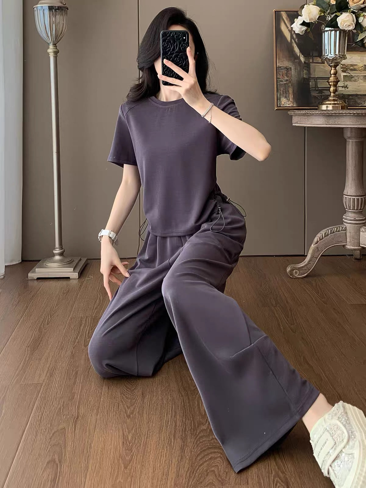 Women's Summer 2026 Casual Sporty Two-Piece Set: Stylish, Youthful Short-Sleeve Top & Wide-Leg Trousers – Loose Fit with a Premium, Drapey Feel.