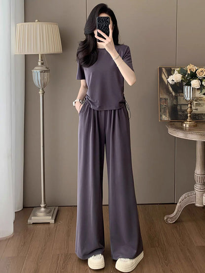 Women's Summer 2026 Casual Sporty Two-Piece Set: Stylish, Youthful Short-Sleeve Top & Wide-Leg Trousers – Loose Fit with a Premium, Drapey Feel.
