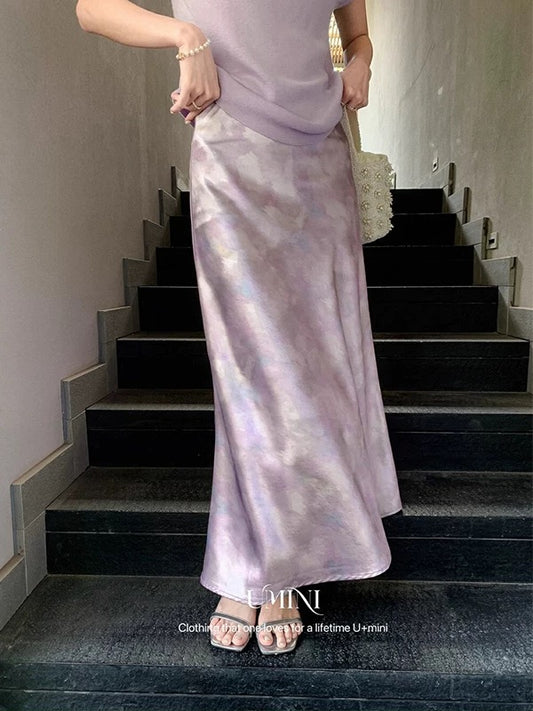 High-grade pearlescent oil painting print fishtail skirt for women in spring and summer, new high waist slimming hip-wrapped A-line satin skirt