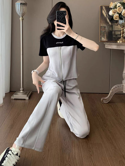 Women's Summer Color-Block Short-Sleeve & Wide-Leg Trouser Set – A Sophisticated, Slimming Two-Piece Outfit Blending Sporty and Commuter Styles for an Elevated Look.