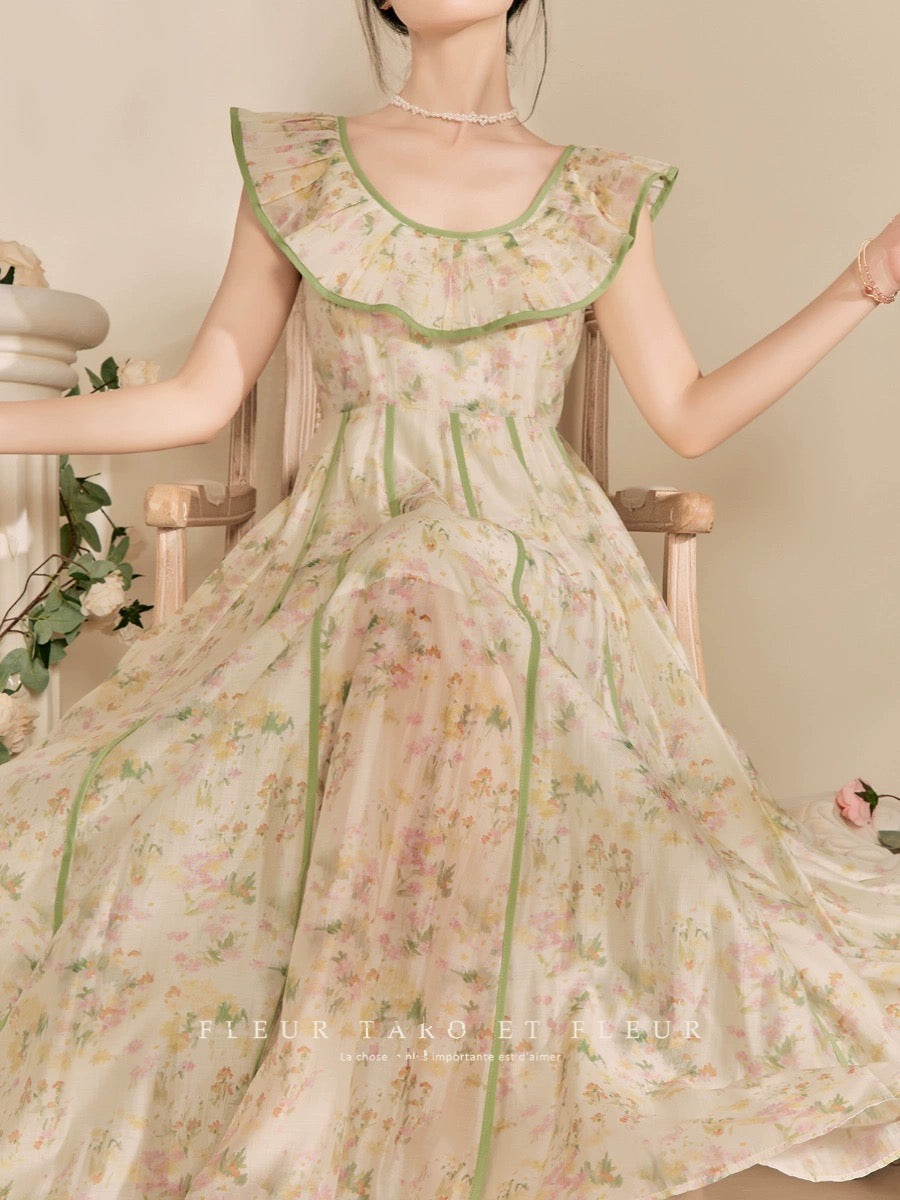 Qiao and Huazun | 2024 new dress French elegant ruffled retro chic waist design long skirt